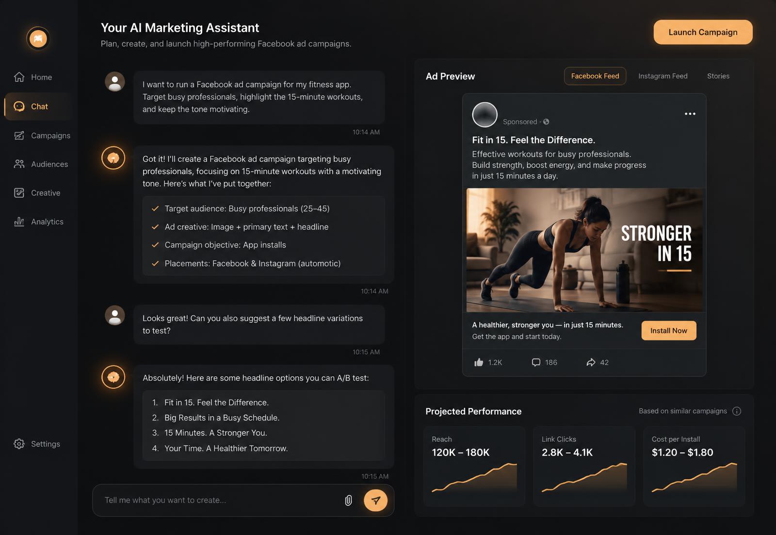 AdsMagic AI's chat interface next to a live Facebook ad preview and performance figures